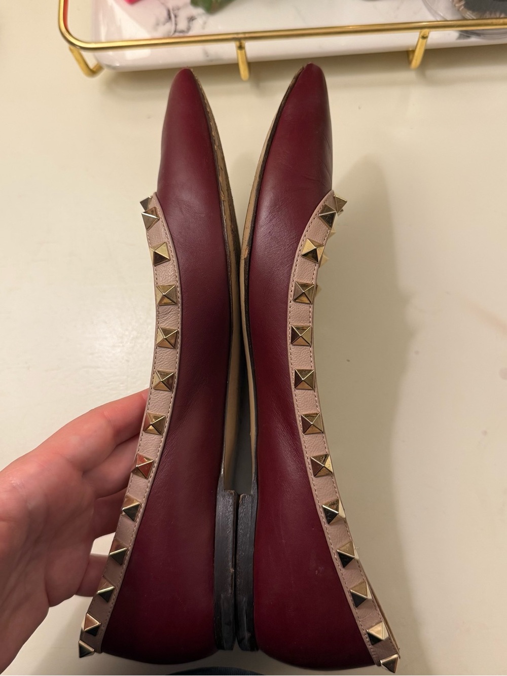 Valentino Burgundy Pointed Rockstud Leather Flats - Picture 4 of 8